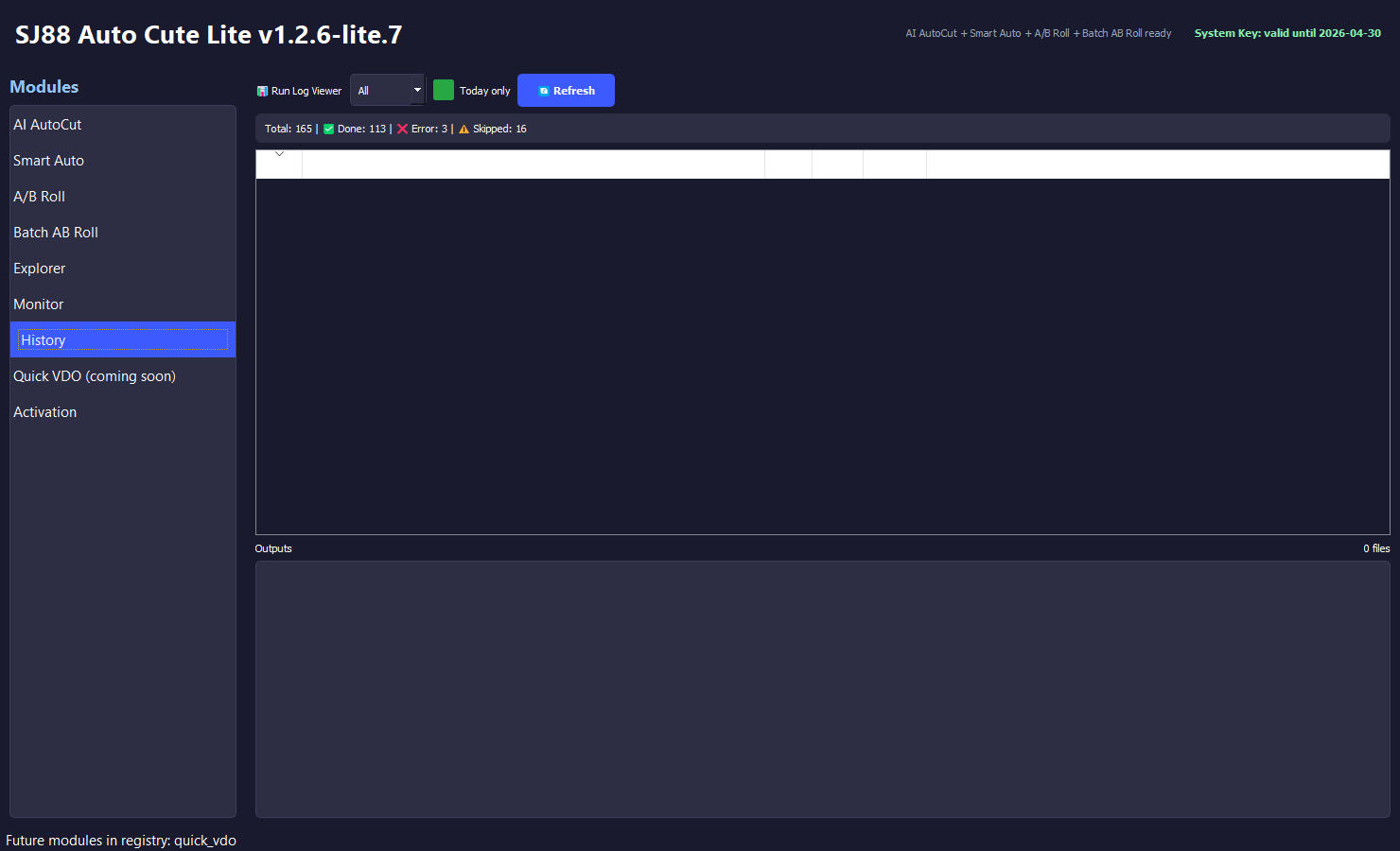 History tab after processing real data set from D TestForCap